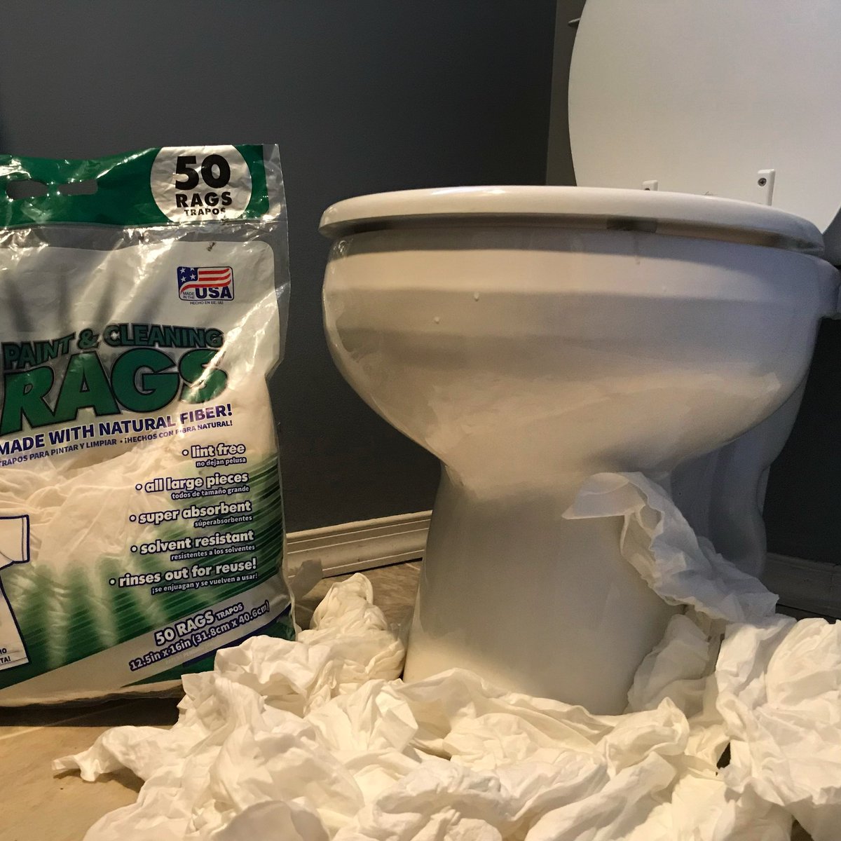 PfcRags's tweet photo. Yeah, 😕 ummm… small 🚽 leak.  Sure glad there were 50 rags in the bag! https://t.co/qqDJzB179L