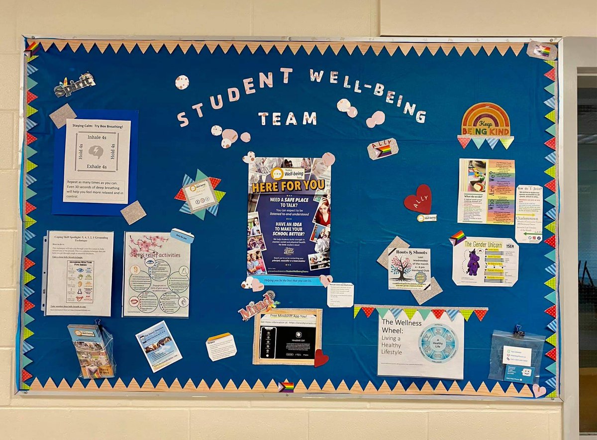 This SWT information board @ Montague Intermediate School has SWT and resources such as: breathing/grounding techniques, mind shift app,kids help phone cards,stress relief strategies,PEI helpline,information on the gender unicorn,PEI Queer youth collective group,roots &amp; shoots.