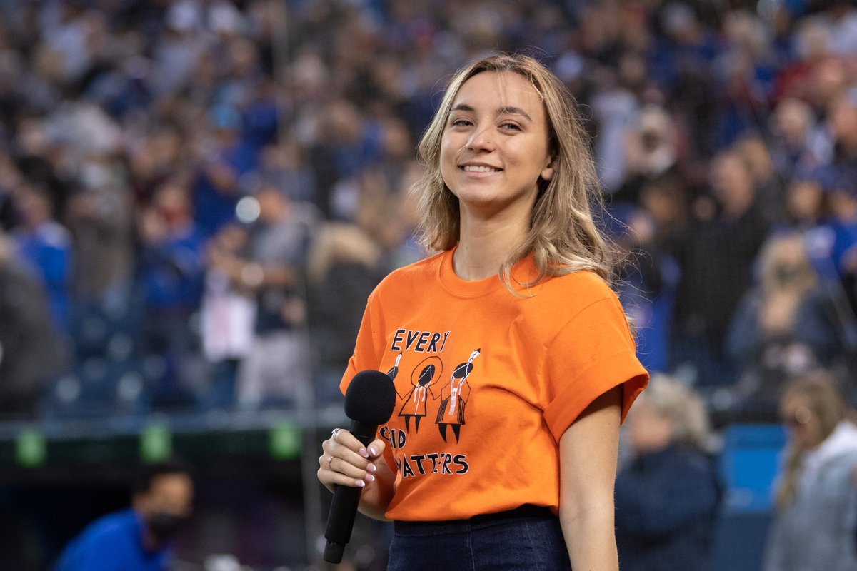 DAN School student Mary Nahwegahbow: "On Thursday, September 30th, I sang the Canadian anthem in English, French, and Anishinaabemowin in honor of Truth and Reconciliation for the Toronto Blue Jays vs. New York Yankees game."  fb.watch/8uX3DpOh4G/