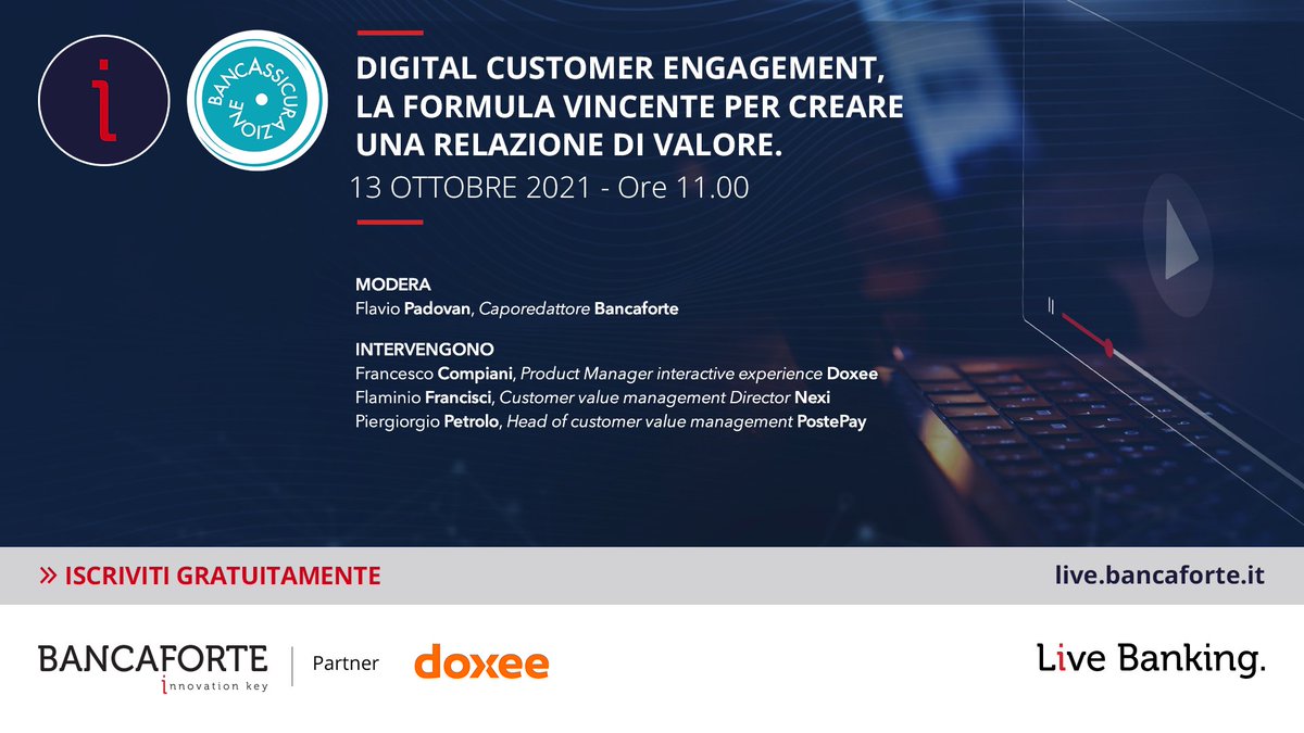 BancaforteABI's tweet photo. Il #13ottobre - ore 11 #direttastreaming gratuita https://t.co/4D8o5APsDw - parleremo di #CustomerDigitalEngagement con Francesco #Compiani di @DoxeeInc, Flaminio #Francisci di @nexipayments e Piergiorgio #Petrolo di #PostePay. Scopri il programma: https://t.co/9w6sy7EG4g https://t.co/quLiJMeRC1