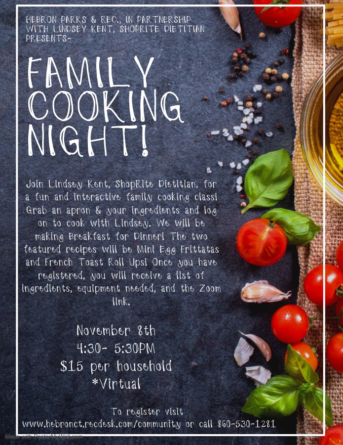 HebronCTRec's tweet image. Grab an apron and all your ingredients and come check out our new cooking classes! 🧑‍🍳👩‍🍳Visit hebronct.recdesk.com/community to register!
