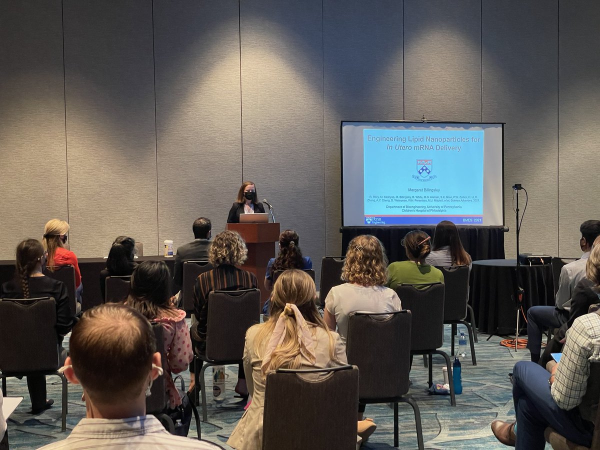 Batting leadoff in front of a packed house is @MJMitchell_Lab PhD student @MagBillingsley with her latest on in utero mRNA LNP delivery - come join the fun in the women’s health tech session chaired by @BrianAguado in Grand Ballroom 3-4! #BMES2021 @BMESociety