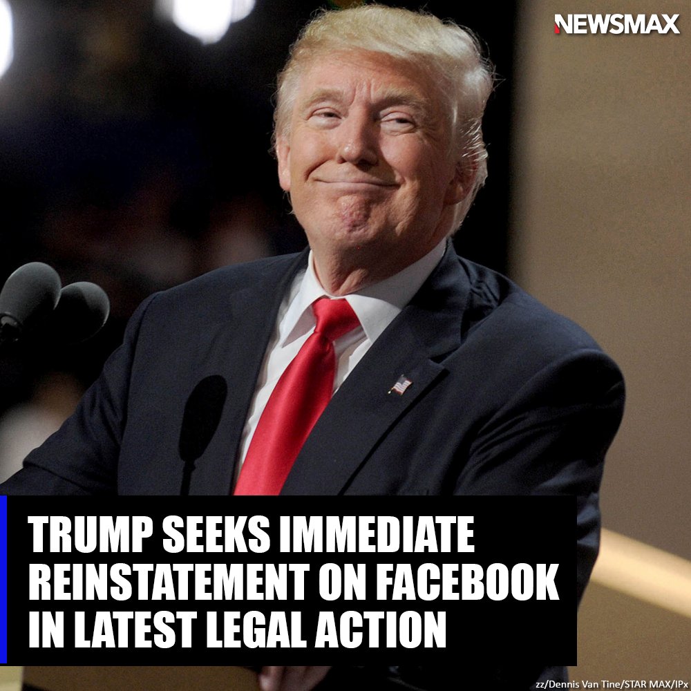 NEWSMAX's tweet image. JUST IN: Former President Donald Trump is asking a federal judge to force Facebook to reinstate him while his July class-action lawsuit alleging censorship by Facebook, Twitter, and YouTube proceeds, the Washington Examiner reported Thursday. bit.ly/3lm3E8i