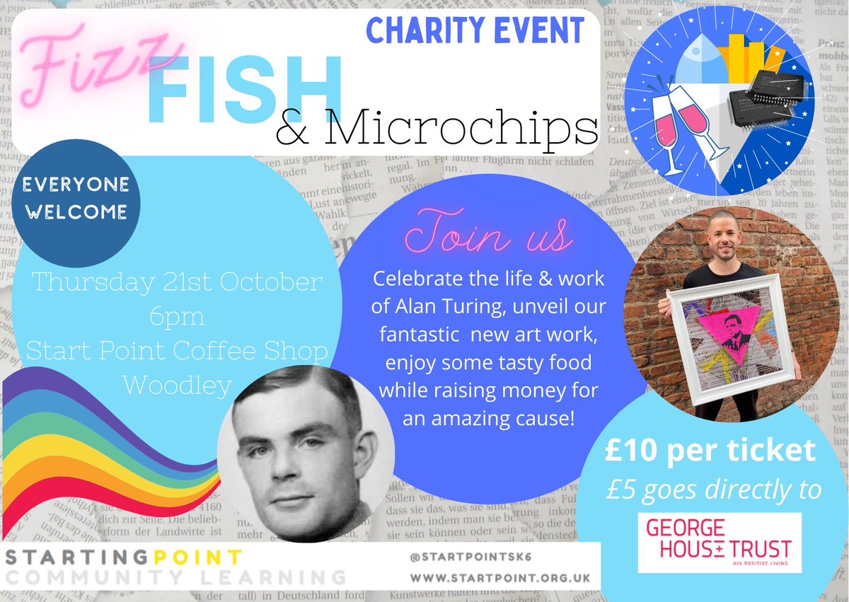 startpointsk6's tweet photo. This might be one of my favourite #GetOnlineWeek events ever planned. Celebrating #AlanTuring and raising money for @GeorgeHouseTrst too. Contact us to get your ticket - quiz night with fish chips and fizz!! #stockport #digiknow https://t.co/9BRMohVRYX