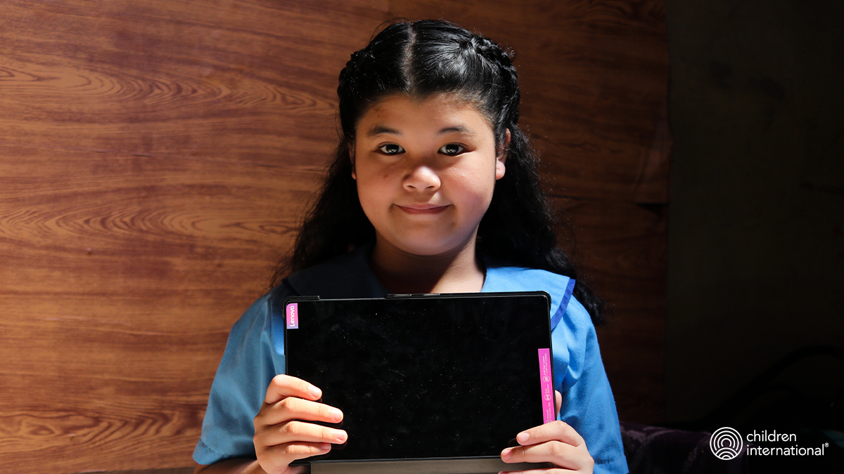 children's tweet photo. For young girls like Zyrine in the Philippines, receiving a tablet from her sponsor means receiving the opportunity to continue her studies, continue learning &amp; continue down a path free from poverty. 💜 https://t.co/nDm3QYagVp