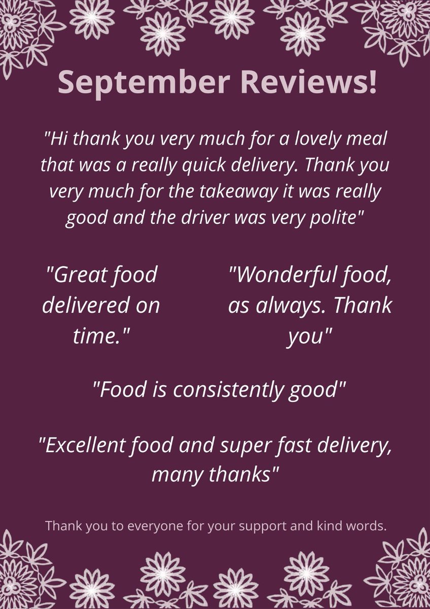 Thank you to our wonderful customers for reviews received last month!

#indianfood #salisbury #wiltshire #foodreview #takeawayfood #deliveryservice #indiantakeaway