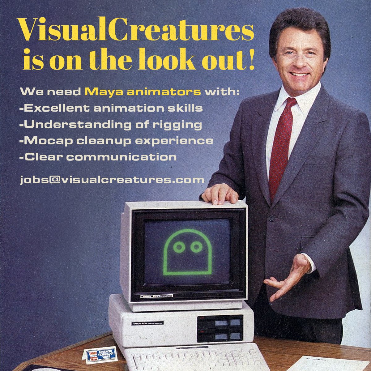 VisualCreatures is on the lookout!
We need Maya animators with:
-Excellent animation skills
-Understanding of rigging
-Mocap cleanup experience
-Clear communication

Email us at jobs@visualcreatures.com 

#animation #3Dart #jobs #maya #animationjobs #mocap