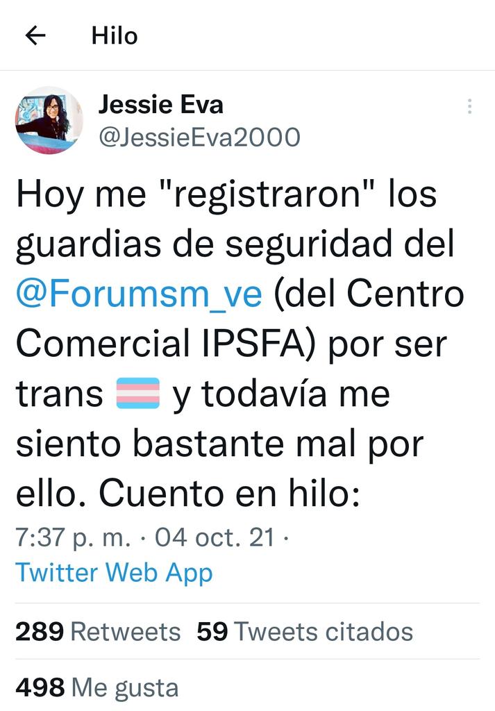 latablablog's tweet photo. Guardias de seguridad del #ForumSuperMayoristas agredieron a chica trans. Según a Jessie Eva (@JessieEva2000), fue en la sede del C.C IPSFA. Al salir la retuvieron y cuestionaron por su género. MP adelanta  investigación por anterior incidente similar en ese establecimiento. https://t.co/TrvXCyPIpY