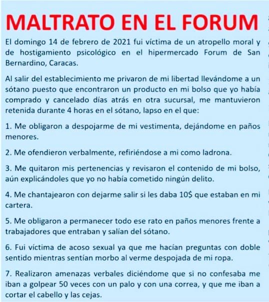 latablablog's tweet photo. El 14FEB de 2021 Erika Rojas fue agredida en #ForumSuperMayoristas, sucursal San Bernardino: la desnudaron, le robaron dinero, la agredieron verbalmente y se burlaron de su condición de epiléptica tras encontrar medicamentos para esa patología. https://t.co/O7P0ysHp4u