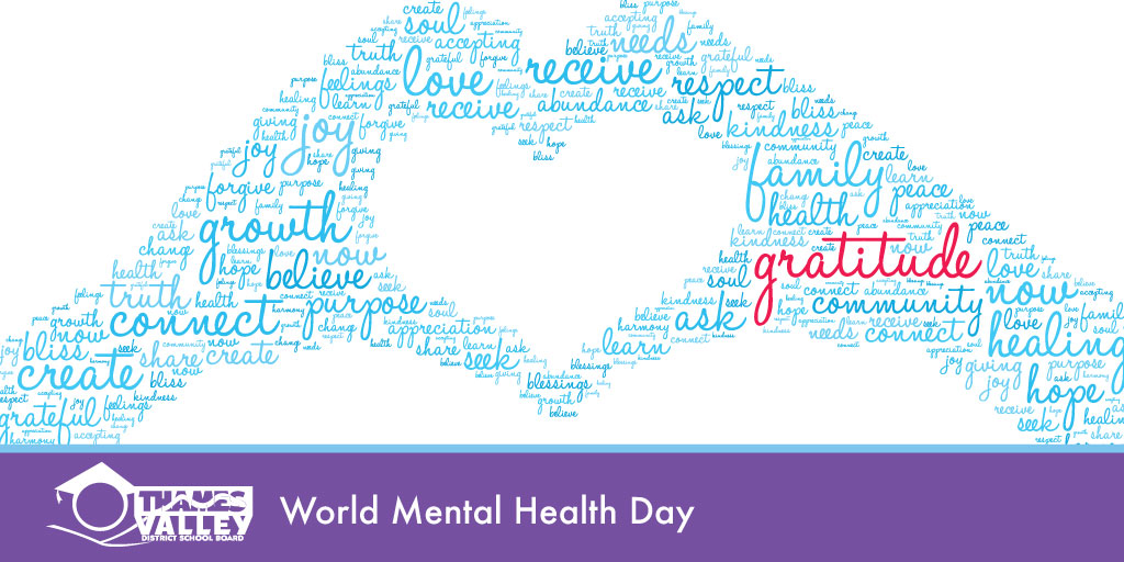 TVDSB's tweet image. Research shows that expressing gratitude can help us feel happier, healthier, and more productive. Noticing good things around you, thanking others for the little things they do, or keeping a hopeful attitude are just a few examples of expressing gratitude. #WorldMentalHealthDay