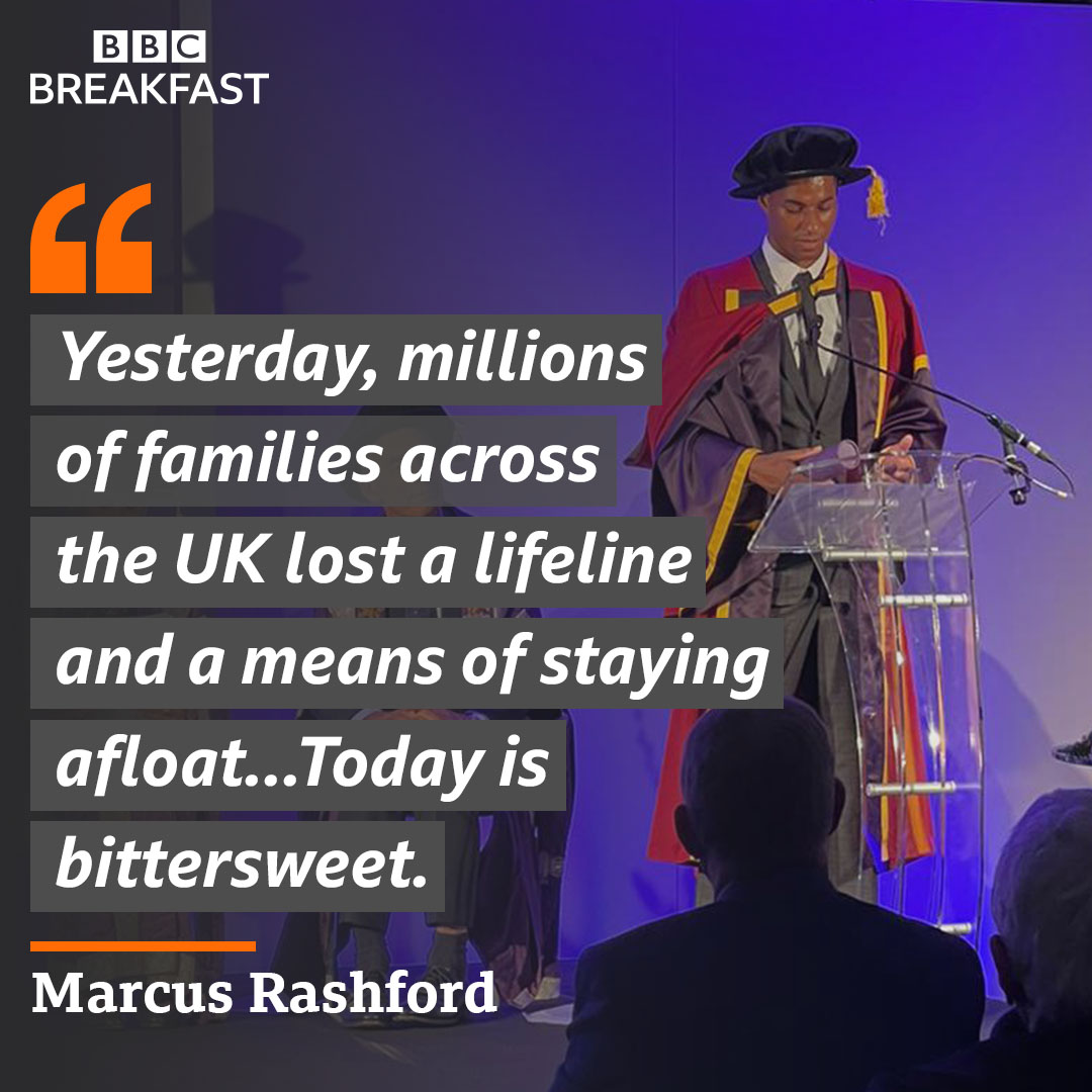 Marcus Rashford has criticised the removal of the £20 universal credit uplift, calling it “a move that could see child poverty rise to 1 in 3 children”.

He was speaking as he became the youngest ever recipient of an honorary degree from The University of Manchester.