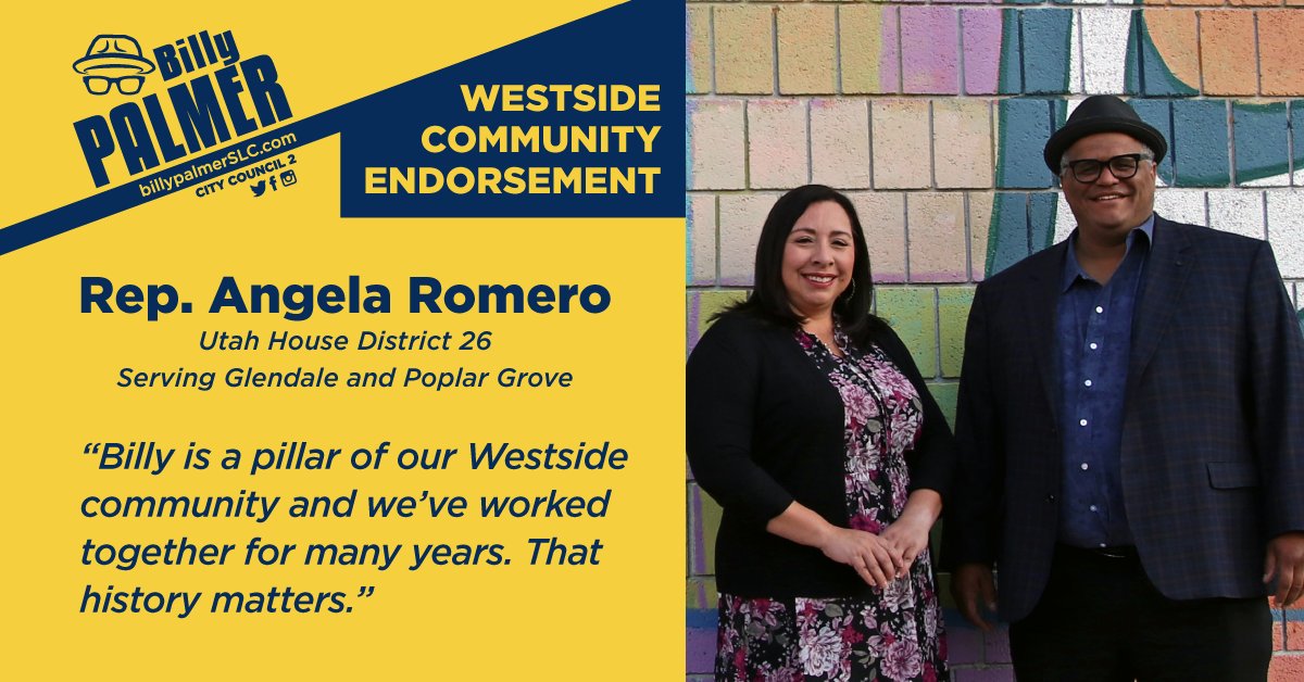 BillyPalmerSLC's tweet photo. #WestsideSLC Endorsement: Thrilled to announce @RepAngelaRomero, who reps #GlendaleSLC and #PoplarGroveSLC neighborhoods in District 2, endorses @BillyPalmerSLC for City Council!
History Matters.
Relationships Matter.
Representation Matters.
#FairparkSLC #utpol #loveSLC https://t.co/sxzjxp2wSO