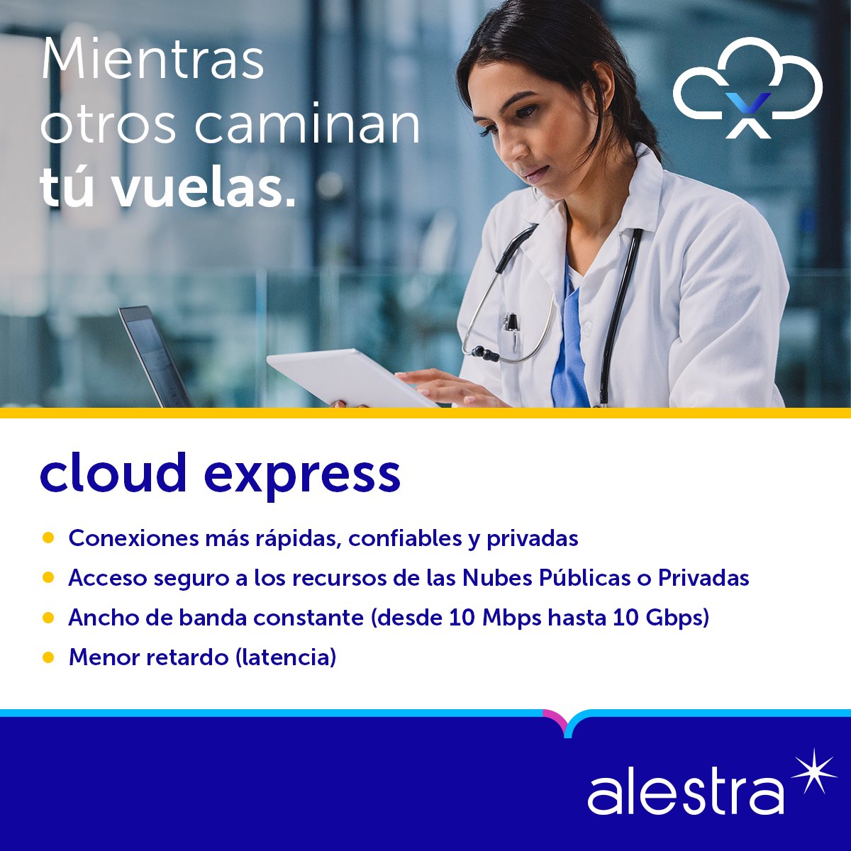 Alestra_MX's tweet photo. ¡Con #CloudExpress de Alestra, tu innovación médica despegará! Al tener conectividad directa y privada hacia los principales proveedores de Nubes Públicas como AWS, Microsoft Azure, Google, Oracle y 250 nubes más..
Encuentra más información en https://t.co/aflh2MOXlN https://t.co/nKp92Jdc6b