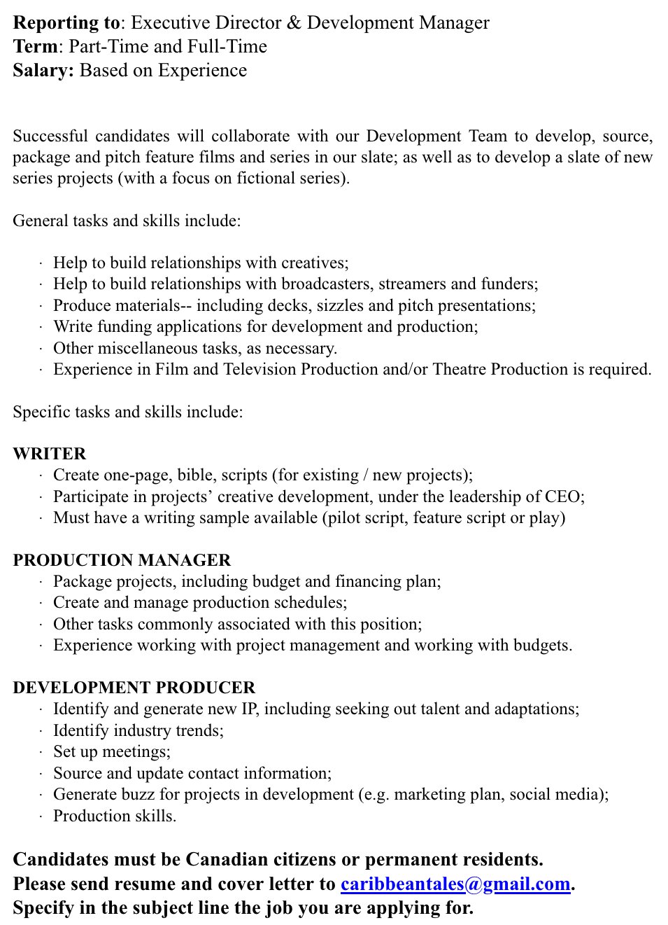 Women in Film & TV - Toronto on Twitter: "📣 @CaribbeanTales_ is hiring!  Positions currently available: Development Producer, Writer, Production  Manager ⬇️ https://t.co/DPArd0n1xK" / Twitter
