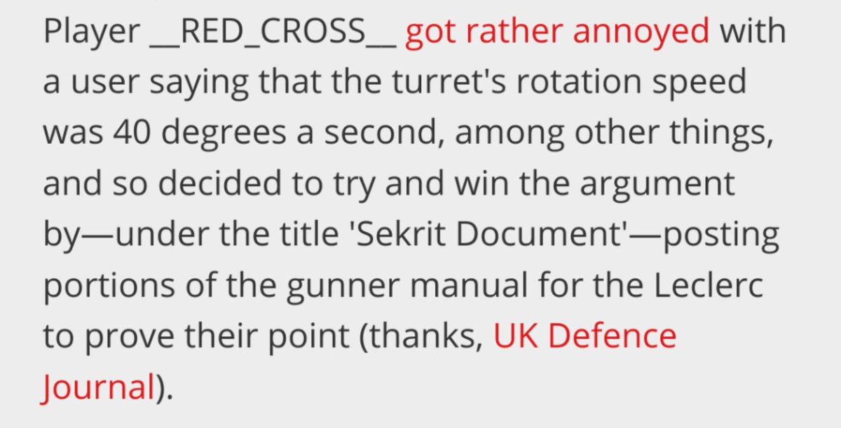 Player __RED_CROSS__ got rather annoyed with a user saying that the turret's rotation speed was 40 degrees a second, among other things, and so decided to try and win the argument by—under the title 'Sekrit Document'—posting portions of the gunner manual for the Leclerc to prove their point (thanks, UK Defence Journal).