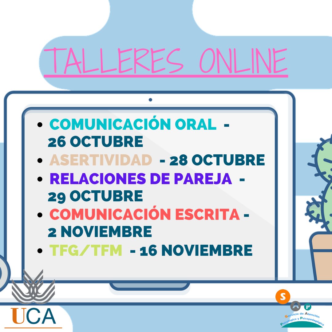 La próxima semana comenzamos con nuestros talleres gratuitos. Apúntate antes de que se agoten las plazas!!!   sap.uca.es/aprendizaje-sa…
