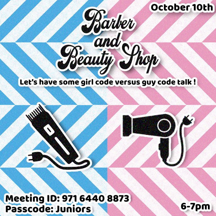 tu23sga's tweet photo. Greetings TU23! Come have a chat with your Mister and Miss Junior, as we discuss girl code and guy code. Tune in this Sunday, October 10th from 6-7 pm. We hope to see you there! 💈💄 https://t.co/GtzozBJh33