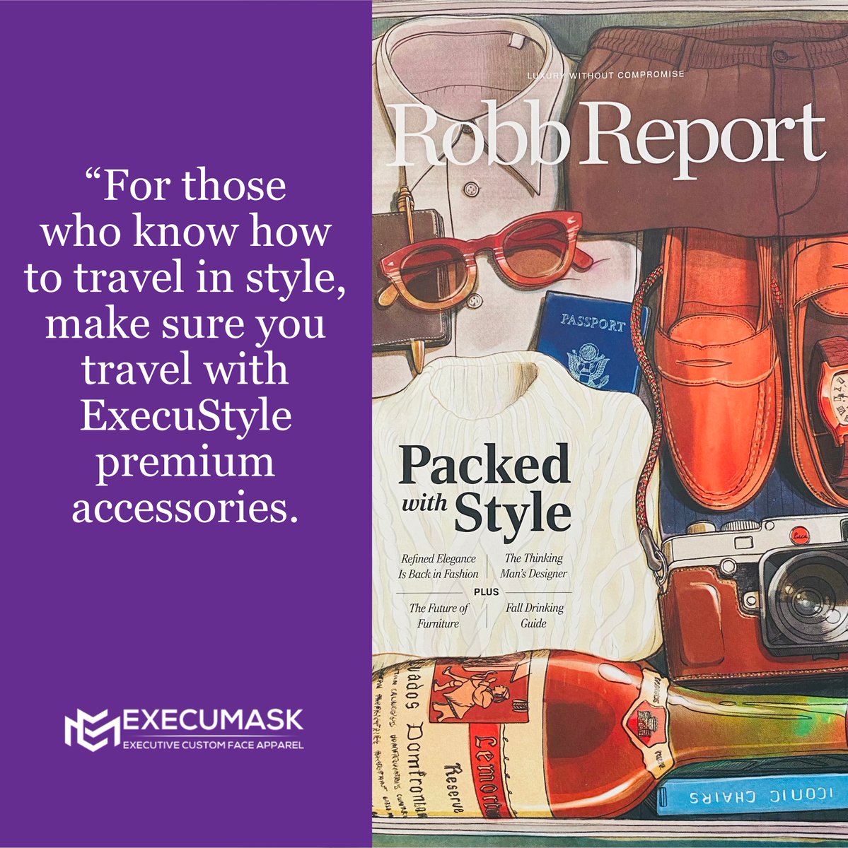 execustyle_'s tweet image. It immediately grabbed me because it said “Packed With Style”, meaning this is an executive's luggage but something is missing. Can you figure out what is missing? That’s right some ExecuStyle.
------
🌐 execumask.com 
.
#stylishmask #execumask #execustyle