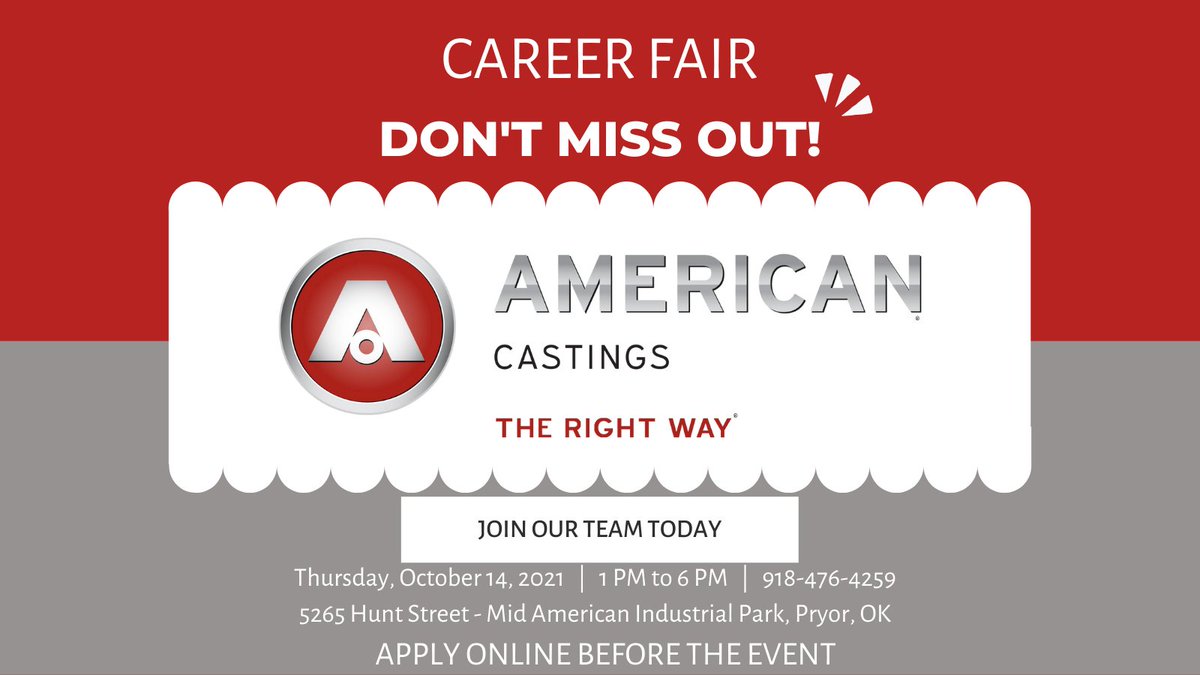 🎉CAREER FAIR THURSDAY OCTOBER 14, 2021🎉
Come see us right here at AMERICAN Castings and apply for a job. On-the-spot interviews and plant tours will take place. See you then!