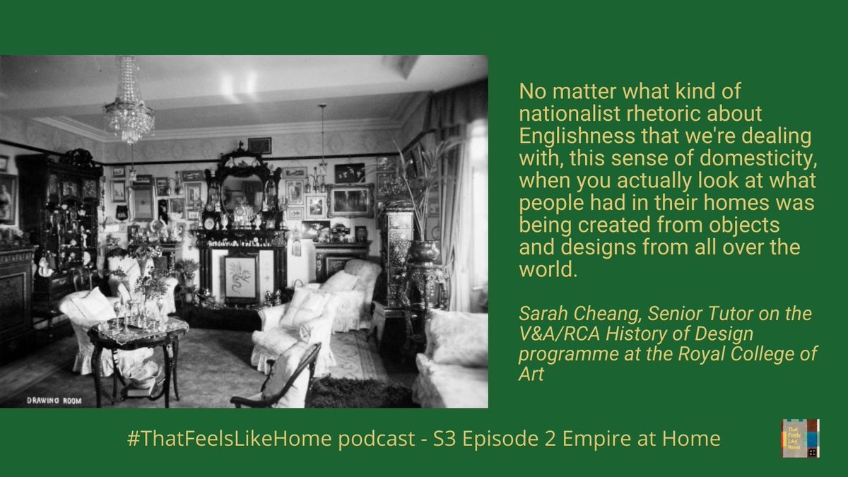 black and white image of late nineteenth century drawing room full of framed pictures & ornaments around a fireplace text reads no matter what kind of nationalist rhetoric about englishness that we're dealing with this sense of domesticity when you actually look at what people had in their homes was being created from objects and designs from all over the world Sarah cheang senior tutor v&a RCA design history