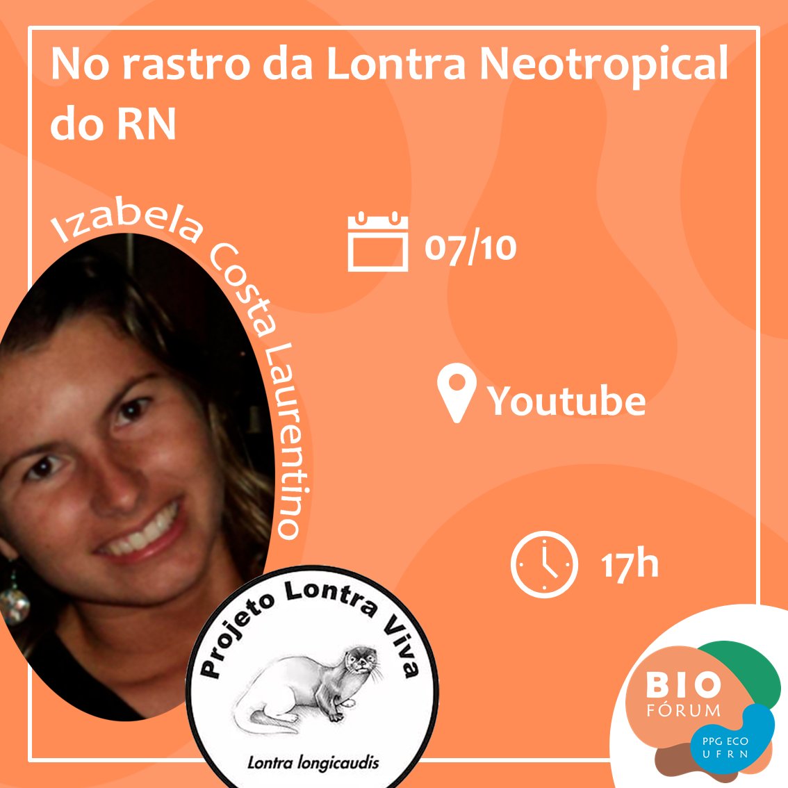 BioforumU's tweet photo. Já já, às 17h, receberemos a pesquisadora Izabela Costa 🤩, falando sobre o @projetolontra 🦦
Link do YouTube na bio
#bioforum #lontras #mamiferosaquaticos #ciencia #divulgaçãocientífica #conservação #mulheresnaciencia #ppg #ppgeco #mestrado #doutorado #UFRN #rn https://t.co/zGRFgNuknF