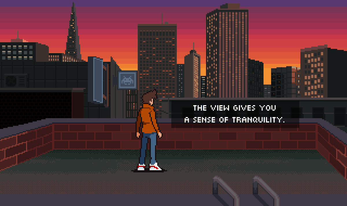 DualLeviathan's tweet photo. Save point for our game. Climb a ladder to the top of the building to catch the view and to take a break from battle. Try and guess which city this is based on :) #pixelart #pixelartist #ドット絵 #indiedev #vaporwave https://t.co/ed77V6xcA2