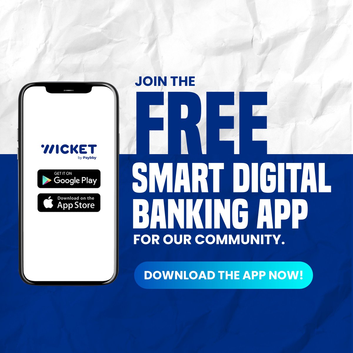 The exclusive FREE smart digital banking app for our community! 

Empower one other and encourage everyone to download the app to strengthen each others financial profile!

Download the app today!

Available at the Apple App store and Google Play store! 

#wicket #wicketbanking