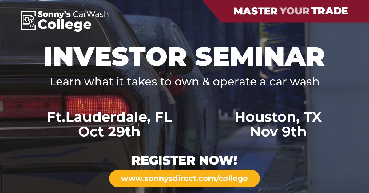 SonnysDirect's tweet image. The LAST two New Investor Seminars for 2021.  Ft Lauderdale, FL Oct 29 and Houston, TX Nov 9.  Learn what it takes to own and operate a carwash!  Register today. sonnysdirect.com/prd_car_wash_c…
  #carwashcollege #investor #entrepreneur