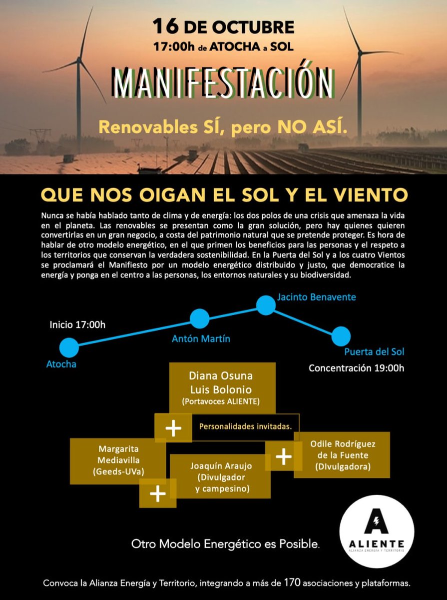 Solo quedan 9 días para que el territorio grite con una voz que queremos renovables, pero no de esta manera.

 #RenovablesSíPeroNoAsí
#QueNosOiganEnMadrid16O

Os pasamos el recorrido definitivo 👇