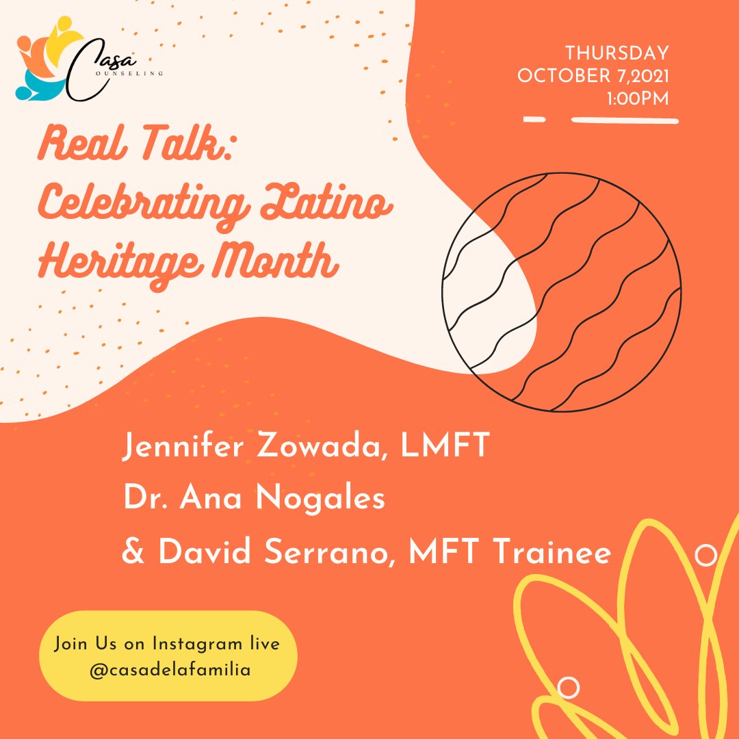 It's Thursday, you know that that means... Real Talk with Jeniffer Zowada, LMFT! Today Dr. Ana Nogales and David Serrano will be joining us to celebrate Latino Heritage Month! Get your questions ready! Comment 🖐️ if you'll be joining us on Instagram live at 1pm today! #livestream
