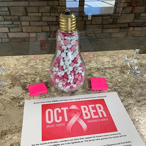 HighWestEnergy's tweet photo. Help us raise money for #BreastCancerAwarenessMonth. Stop by our Cheyenne or Pine Bluffs offices and guess how many candies are in the jars. The closest guess wins a gift card, and the more guesses we have, the bigger donation we will make to @WyBreastCancer. Thank you! https://t.co/XztSyKKoMR