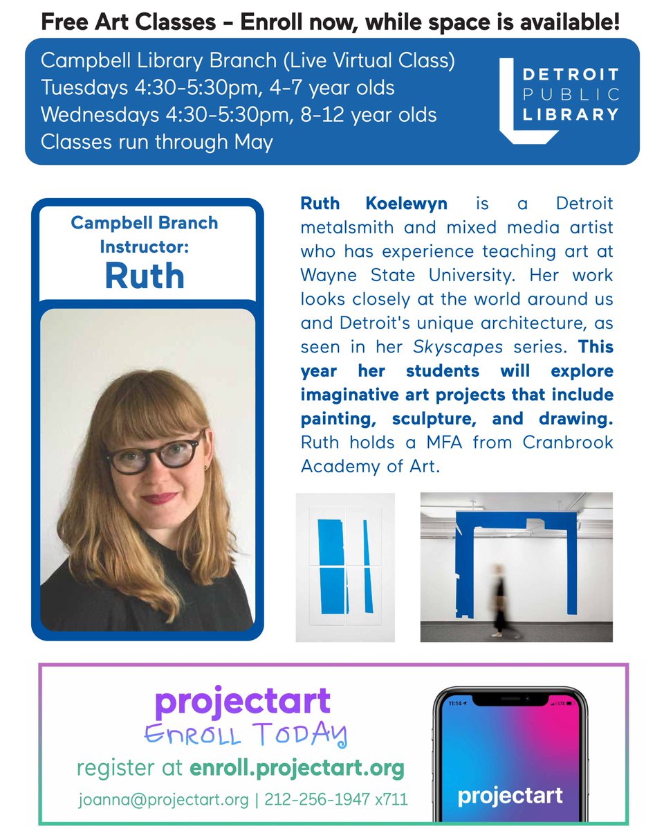 Detroit Library (@detroitlibrary) on Twitter photo Meet <a href="/ruthkoelewyn/">Ruthie Koelewyn</a>! Ruth is the #ProjectArt instructor for the Campbell Branch virtual classes. Classes are on Tues. from 4:30 - 5:30pm for 4-7 year olds and on Wed. from 4:30 - 5:30pm for 8-12 year olds.
Enroll in <a href="/projectartusa/">ProjectArt</a> at Campbell!
projectart.org Meet <a href="/ruthkoelewyn/">Ruthie Koelewyn</a>! Ruth is the #ProjectArt instructor for the Campbell Branch virtual classes. Classes are on Tues. from 4:30 - 5:30pm for 4-7 year olds and on Wed. from 4:30 - 5:30pm for 8-12 year olds.
Enroll in <a href="/projectartusa/">ProjectArt</a> at Campbell!
projectart.org