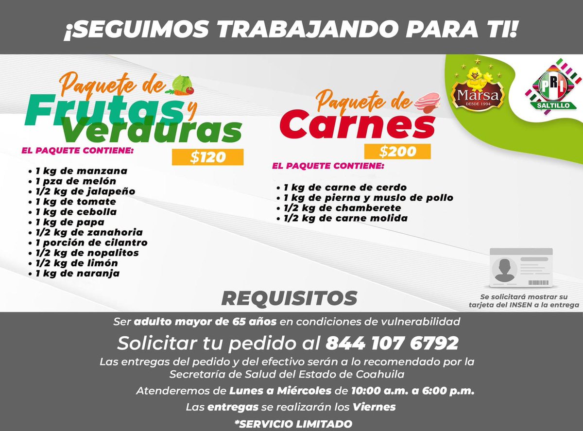 Como ayuda a nuestros adultos mayores, vuelve el apoyo de parte de <a href="/PRISaltillo/">PRI Saltillo</a> en colaboración con Marsa, de productos a bajo costo.

Sólo llama al teléfono indicado y checa los requisitos.