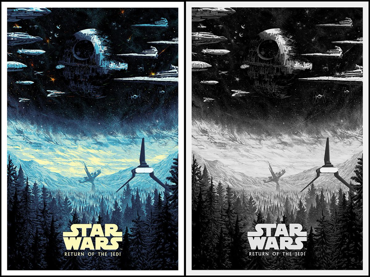 Star Wars: Return of the Jedi screen prints available tomorrow in collaboration with @BottleneckNYC ! Both the regular color version and B&W variant version goes up at Friday October 8, 12 PM ET through: https://t.co/tgIJ1G5FPA 