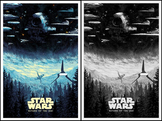 Star Wars: Return of the Jedi screen prints available tomorrow in collaboration with @BottleneckNYC ! Both the regular color version and B&amp;W variant version goes up at Friday October 8, 12 PM ET through: https://t.co/tgIJ1G5FPA 