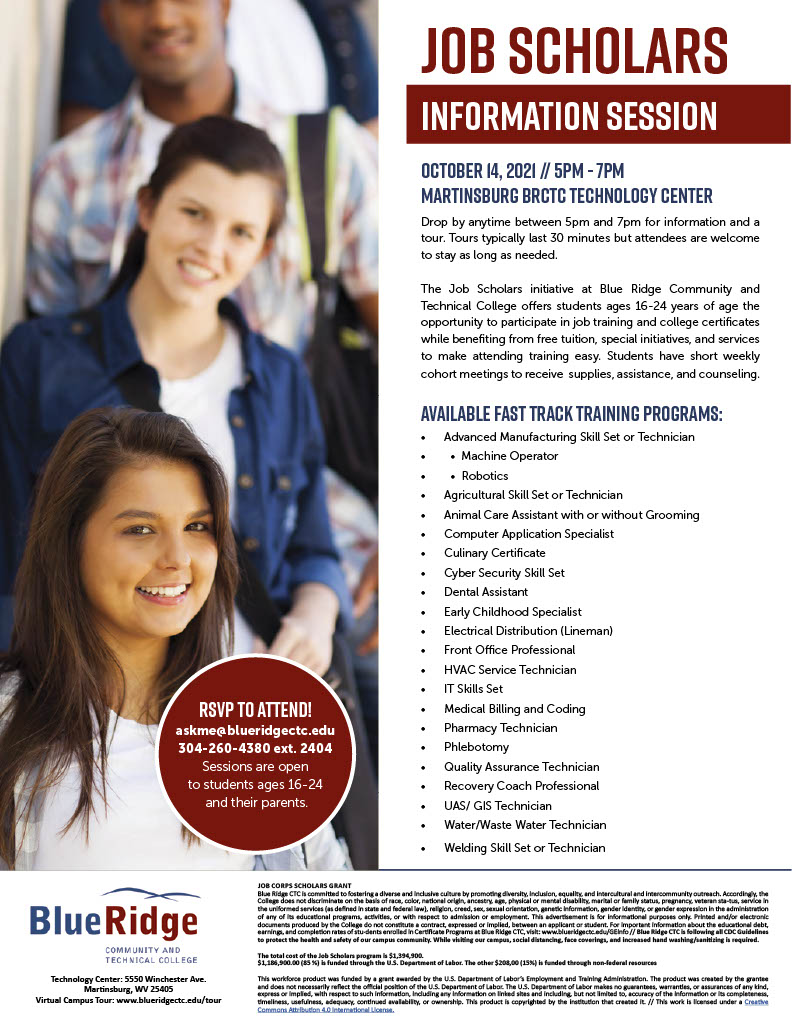 "Job Scholars <a href="/BlueRidgeCTC/">Blue Ridge CTC</a> offers students ages 16-24 years of age the opportunity to participate in job training &amp; college certificates while benefiting from free tuition, special initiatives, &amp; services to make attending training easy." Info meeting 10/14, Check out the flyer!