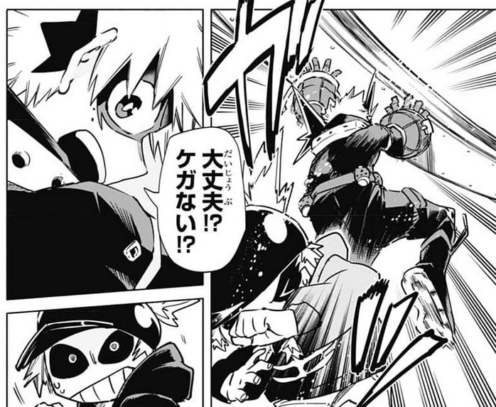 The kid's quirk is Explosions by friction and he saw Bakugo at the sports festival and wants to fight him. Deku keeps acting bc he's Kacchan right now (there's also a school robot following him to check he acts like Bakugo)