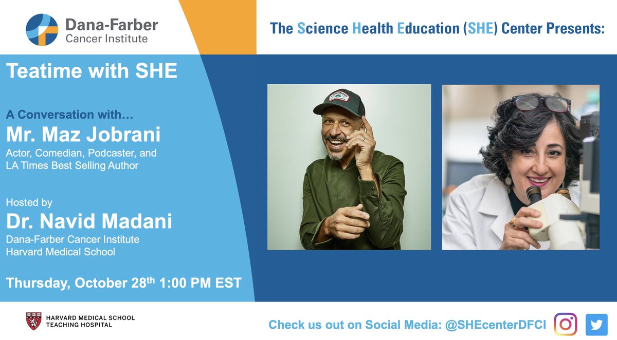 SHECenterDFCI's tweet photo. Join us on October 28th at 1:00 PM EST for another Teatime with SHE. 

We are honored to have a conversation with Mr. Maz Jobrani @MazJobrani who is an esteemed actor, comedian, podcaster, and LA Times Best Selling Author. https://t.co/GYZwb8KIGB