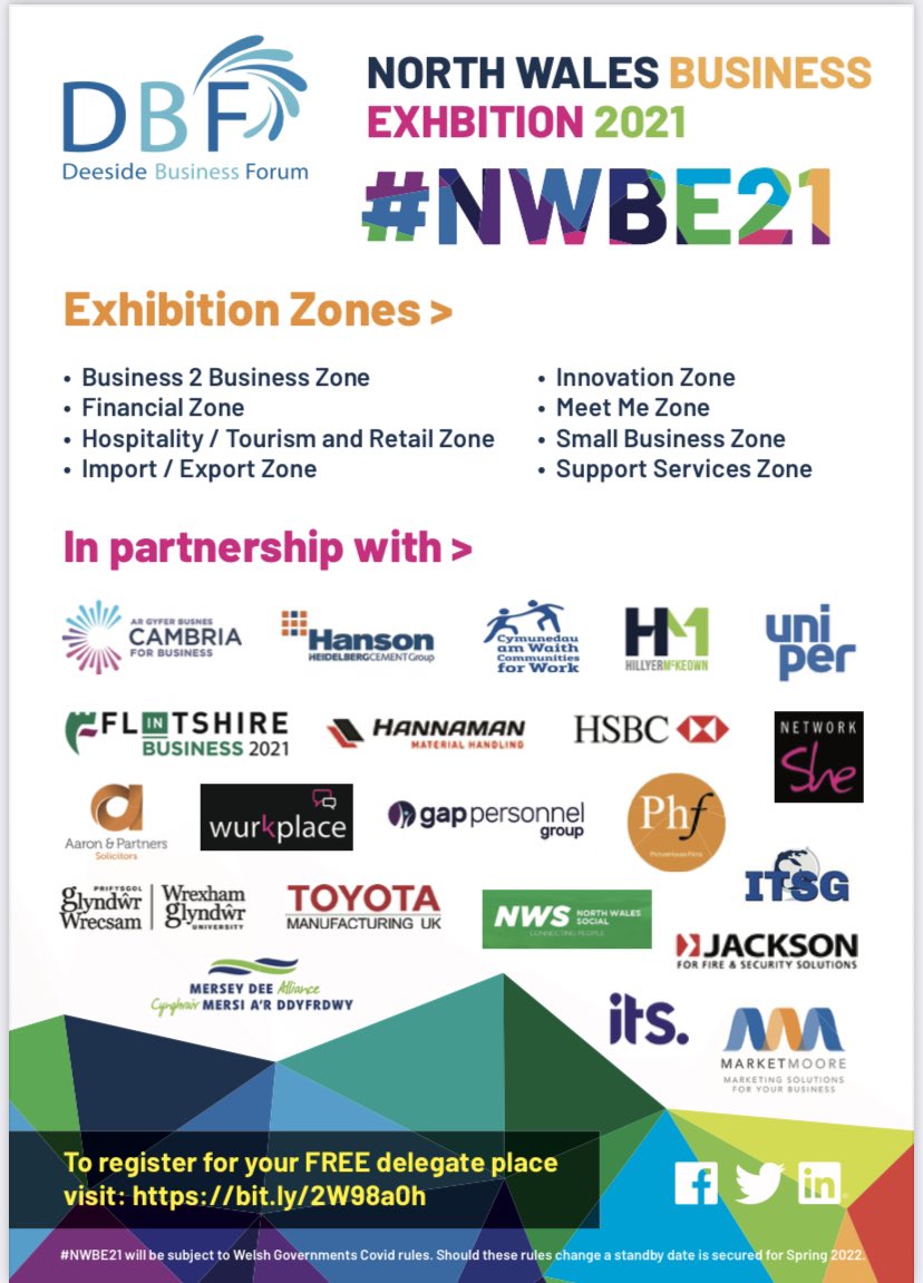#NorthWalesSocial ⬆️🏴🤝 (@nwalessocial) on Twitter photo #NWalesHour
Just a few weeks to go before this years North Wales Business Exhibition on 27th Oct. #NWBE21
Contact event organiser <a href="/pigycarlin/">Trish Carlin</a> to book your on the day attendance, email ;
mailto:patricia.carlin@flintshire.gov.uk #NWalesHour
Just a few weeks to go before this years North Wales Business Exhibition on 27th Oct. #NWBE21
Contact event organiser <a href="/pigycarlin/">Trish Carlin</a> to book your on the day attendance, email ;
mailto:patricia.carlin@flintshire.gov.uk