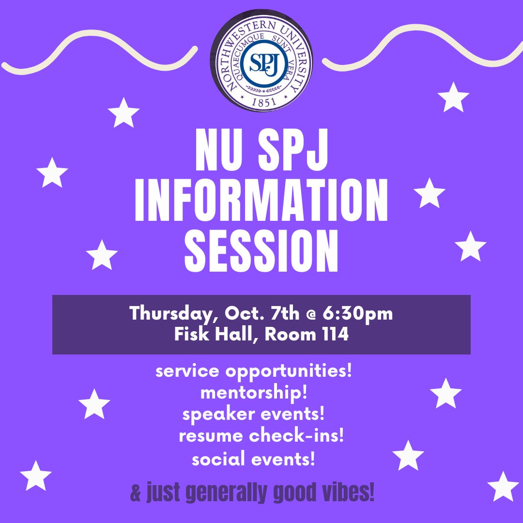 Come join us TONIGHT @ 6:30pm in Fisk 114 to learn more about everything Medill SPJ! All are welcome 🥳