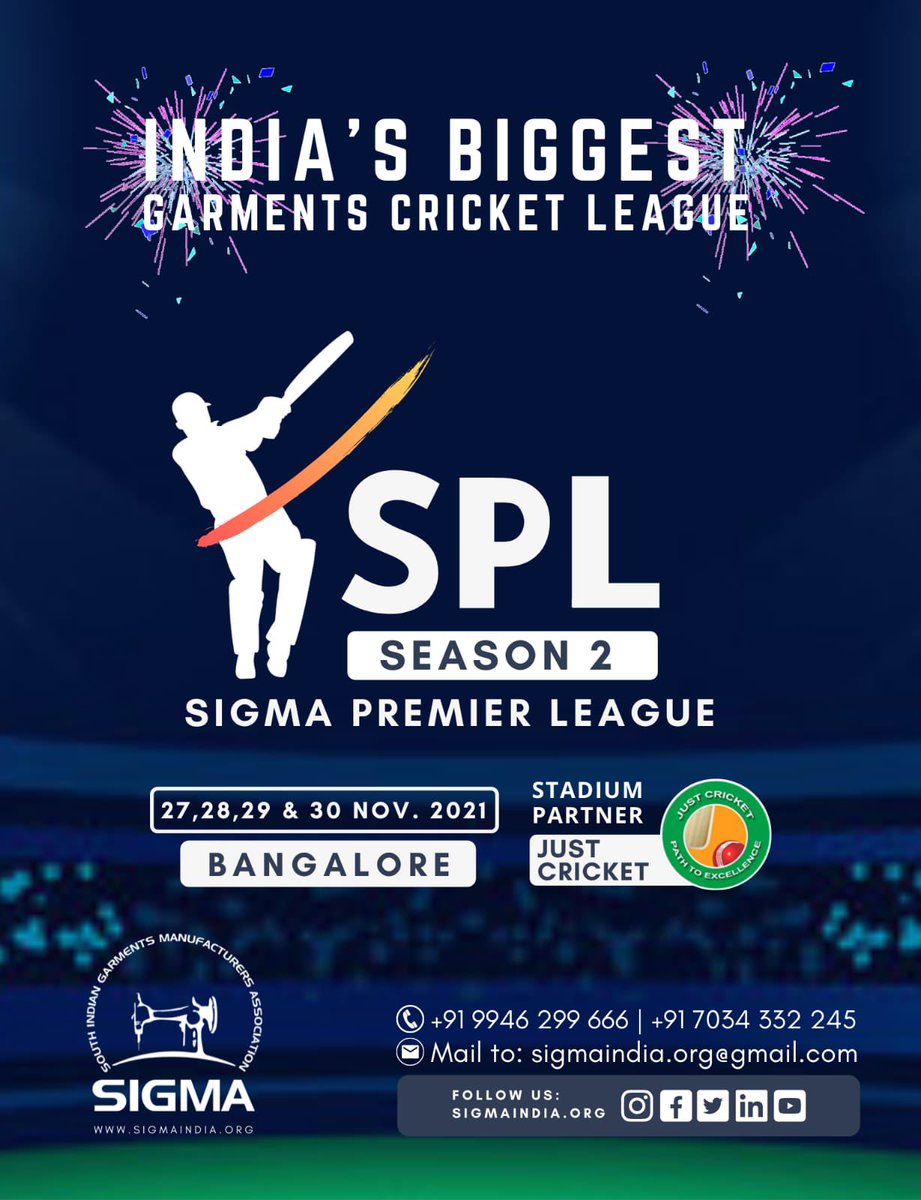 Sigma premier league #SPL
India’s biggest garment cricket league to be held at Just cricket academy ground in bangalore 
<a href="/BCCI/">BCCI</a> <a href="/IamSanjuSamson/">Sanju Samson</a> @klrahul11 <a href="/imVkohli/">Virat Kohli</a> <a href="/devdpd07/">Devdutt Padikkal</a> <a href="/mayankcricket/">Mayank Agarwal</a> <a href="/im_manishpandey/">Manish Pandey</a>