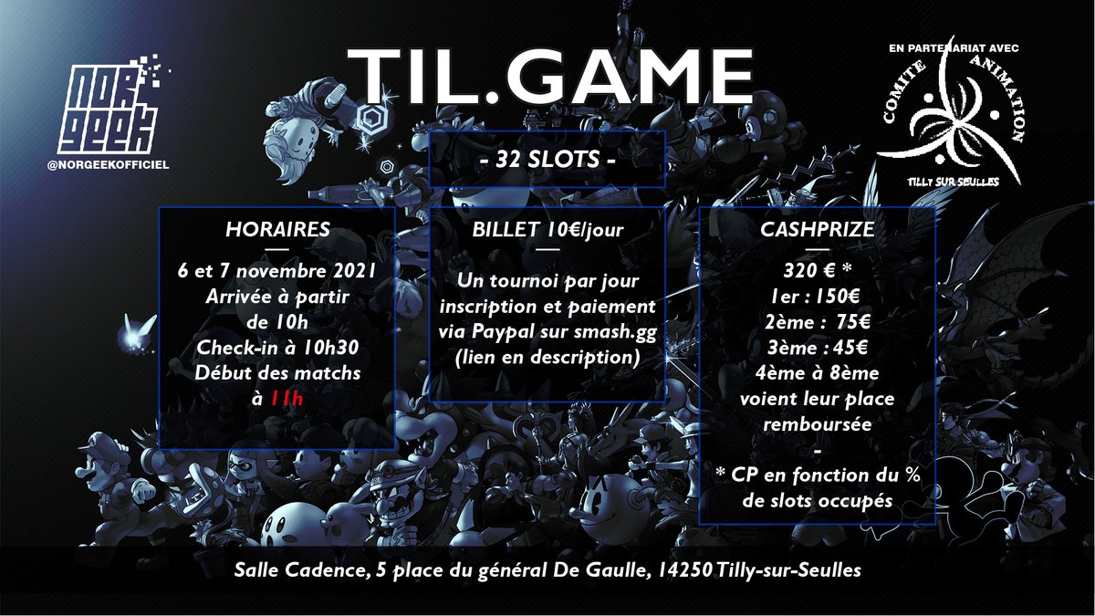 Til Game arrive dans un mois💥

<a href="/SprSuperplayer/">SuperPlayer</a> y admin les tournois des 2 jours
📍salle des fêtes de <a href="/tillysurseulle/">Tilly Sur Seulles</a>
📺8 setups (pensez à amener votre manette/switch/dock)
🎫ticket 10€/jour
📲billetterie smash.gg/tournament/til…
🩹Pass sanitaire obligatoire