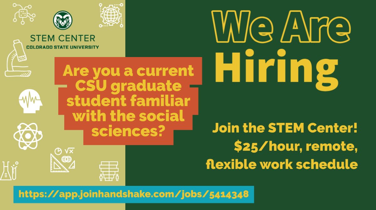 CSUSTEM's tweet image. If you're a current CSU graduate student that's not afraid of quantitative or qualitative data, consider joining the STEM Center to help with program evaluations! Paid hourly position, flexible hours! Apply on Handshake:
app.joinhandshake.com/jobs/5414348