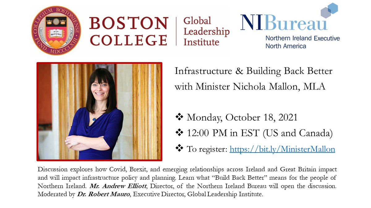 IrishInstitute at BC (@bc_irish_inst) on Twitter photo Please join us Monday October 18 at Noon Eastern/ 5pm Irish to hear from <a href="/NicholaMallon/">Nichola Mallon</a> Minister for <a href="/deptinfra/">Department for Infrastructure</a> on #NorthernIreland & #BuildingBetterCommunities through #infrastructure Register here 👉 bit.ly/MinisterMallon Thank you <a href="/NI_Bureau/">NI Bureau</a> <a href="/niexecutive/">NI Executive</a> <a href="/NAElliottdc/">Andrew Elliott</a> Please join us Monday October 18 at Noon Eastern/ 5pm Irish to hear from <a href="/NicholaMallon/">Nichola Mallon</a> Minister for <a href="/deptinfra/">Department for Infrastructure</a> on #NorthernIreland & #BuildingBetterCommunities through #infrastructure Register here 👉 bit.ly/MinisterMallon Thank you <a href="/NI_Bureau/">NI Bureau</a> <a href="/niexecutive/">NI Executive</a> <a href="/NAElliottdc/">Andrew Elliott</a>