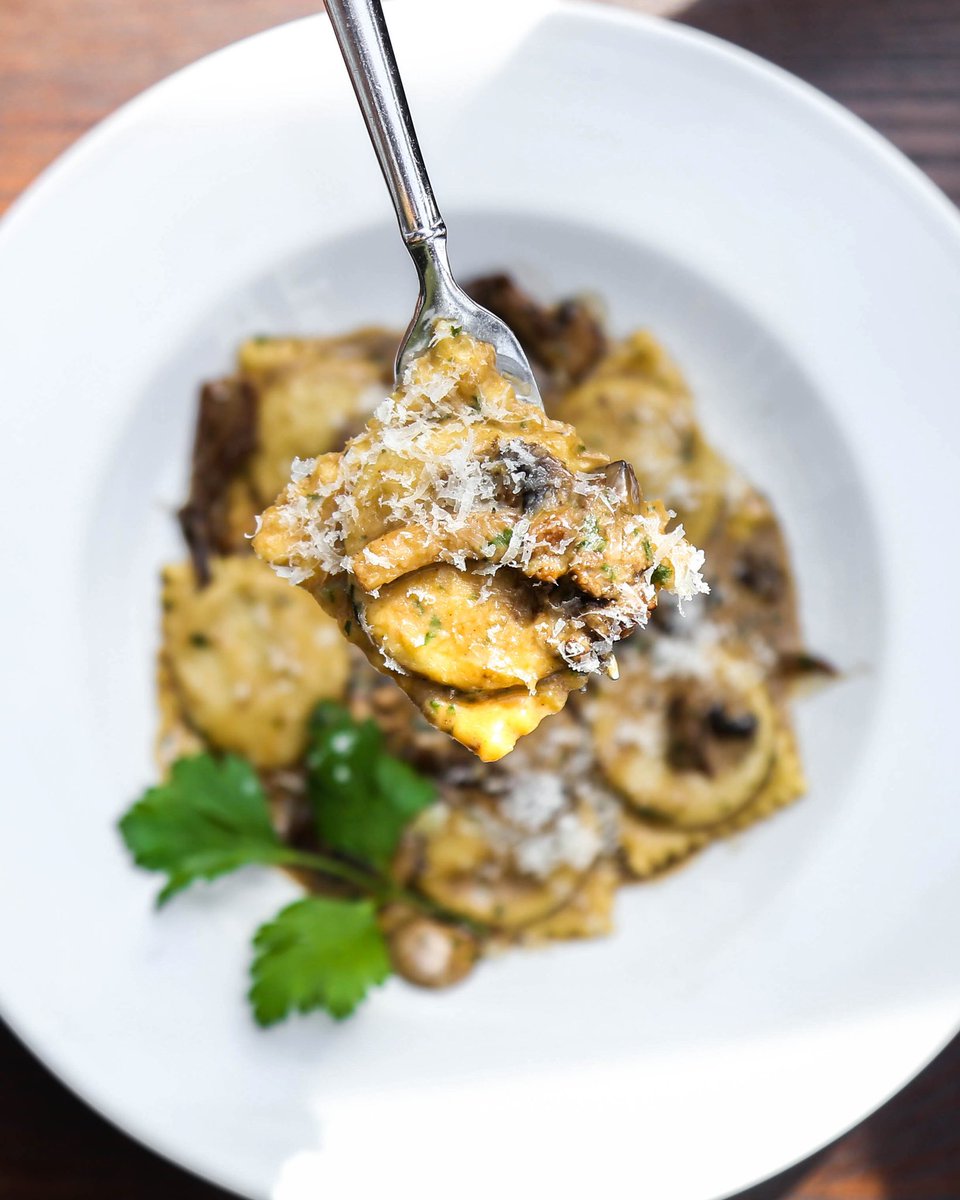 The perfect bite 😍

Handmade Ravioli, wild mushroom, roasted free range Chicken &amp; Cambozola stuffing, Sherry cream sauce ✨