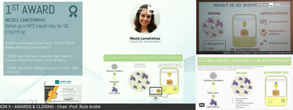 And the winner of the Flash Oral Presentation Award of Jornadas CICECO 2021 is Nicole Lameirinhas (<a href="/nslameirinhas/">Nicole Lameirinhas</a>) with the work on Gellan gum-NFC based inks for 3D bioprinting.
Congratulations to our PhD Student Nicole Lameirinhas!