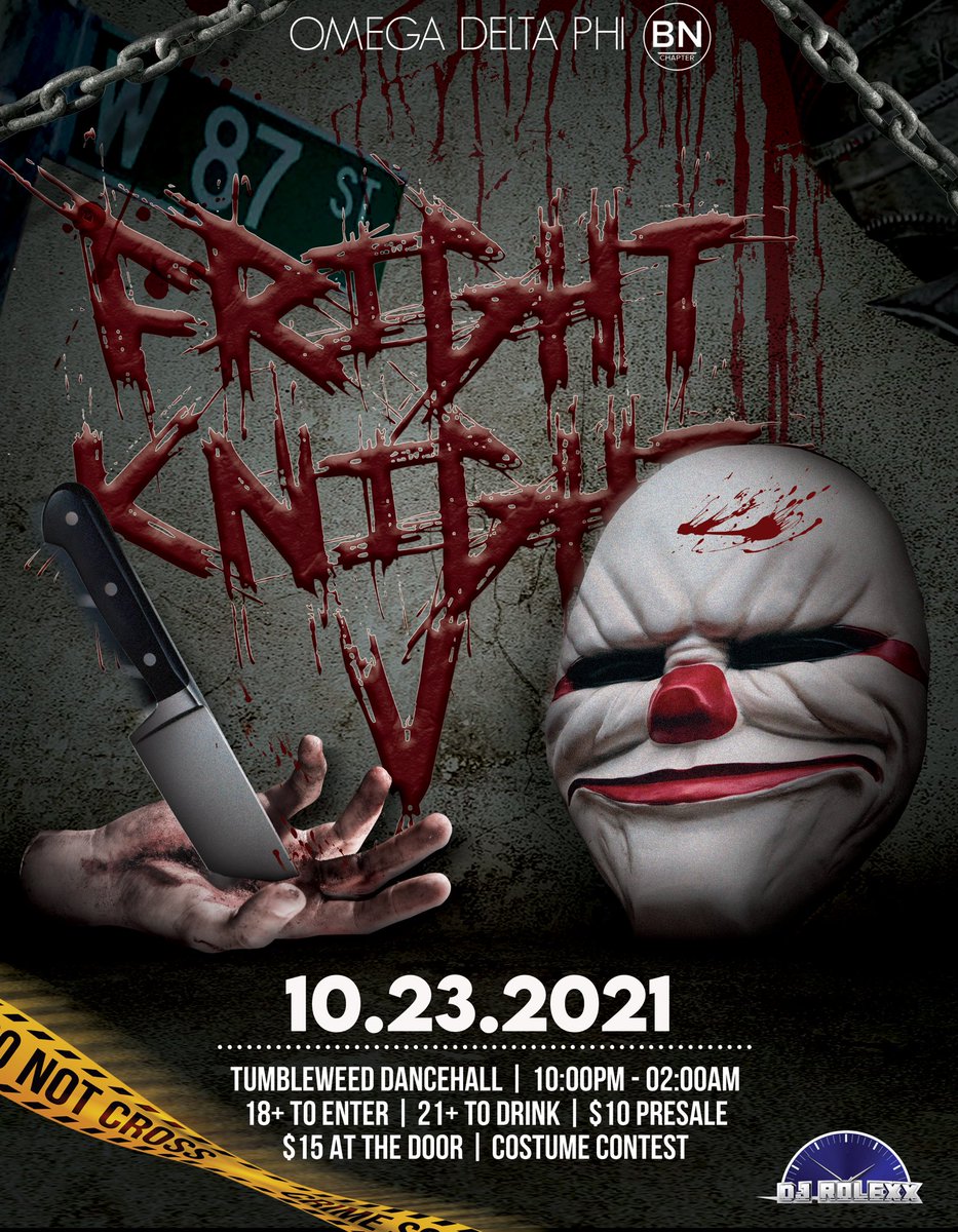 The Beta Nu Chapter of Omega Delta Phi Fraternity, Inc. is proud to announce the return of Fright Knight! 😈
Time to put together your HYPEST halloween costume as the best costume will win a prize 😉 
Tickets on sale in our linktree in our bio! 🔥