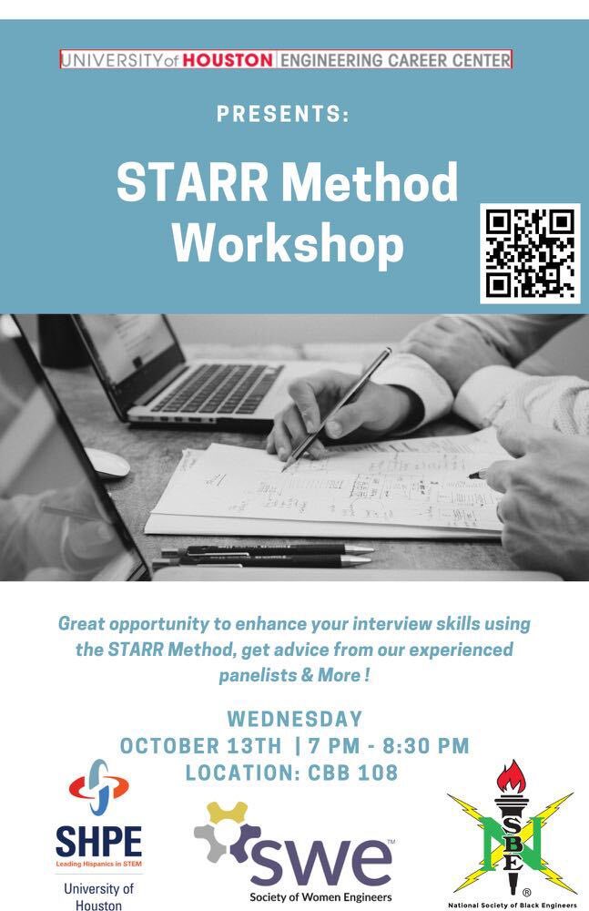 SHPE_UH's tweet photo. Could you use some practice with the STARR method? Do you know what the STARR Method is?! Join us next Wednesday from 7-8:30PM for our STARR Method Workshop in collaboration with @SWE_UH and @UH_NSBE 

This is a great opportunity to enhance your interview skills and get advice! https://t.co/EZ92TYSHmh