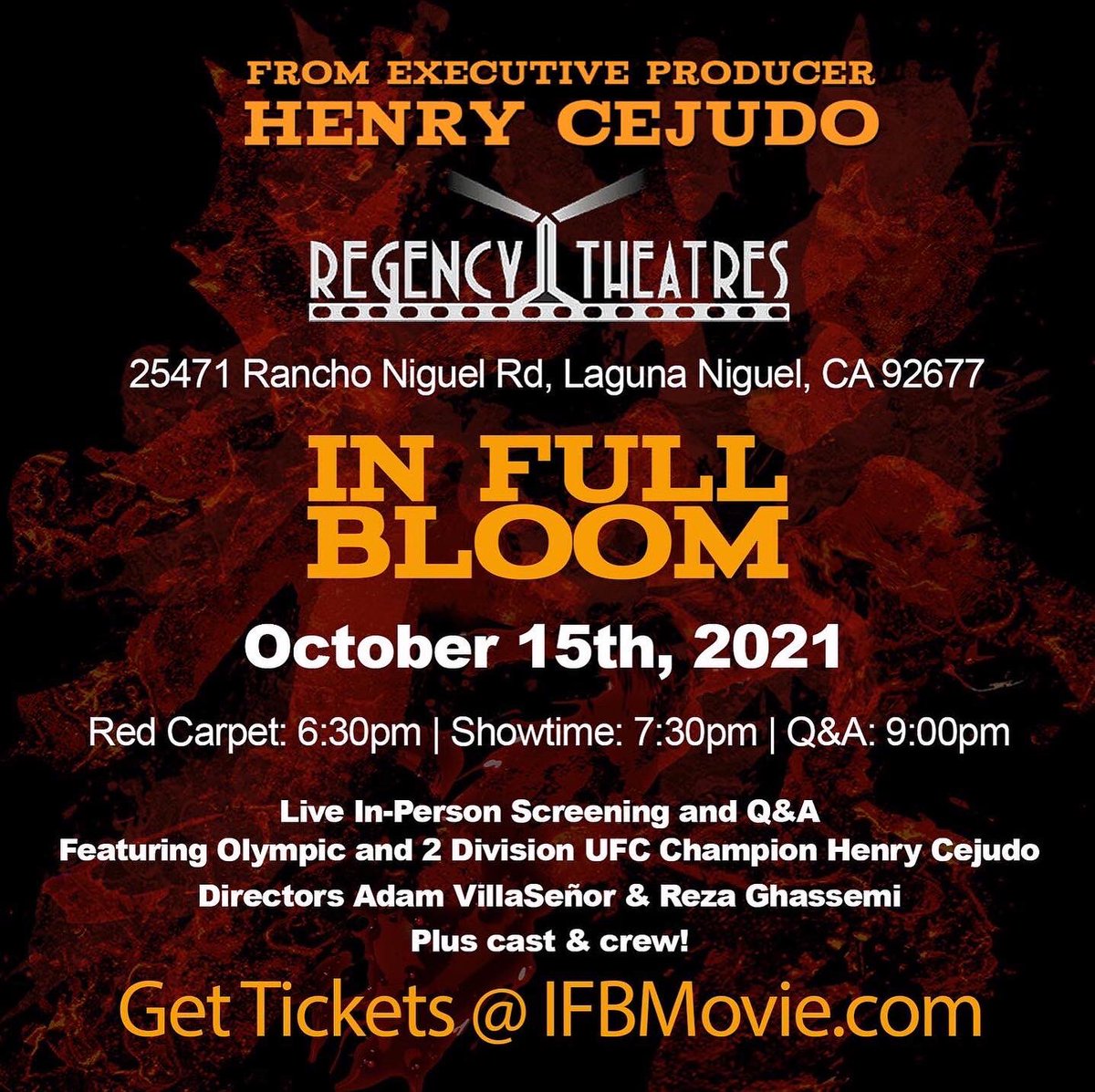 InFullBloomFilm's tweet photo. October 15th! Low ticket warning - Special engagement opening night with EP @HenryCejudo and directors Adam VillaSeñor &amp; Reza Ghassemi at their hometown @regencytheatres #DirectorsCutCinema 

Tickets available at https://t.co/ZBhdheuaIE https://t.co/ahRVaFVSFB