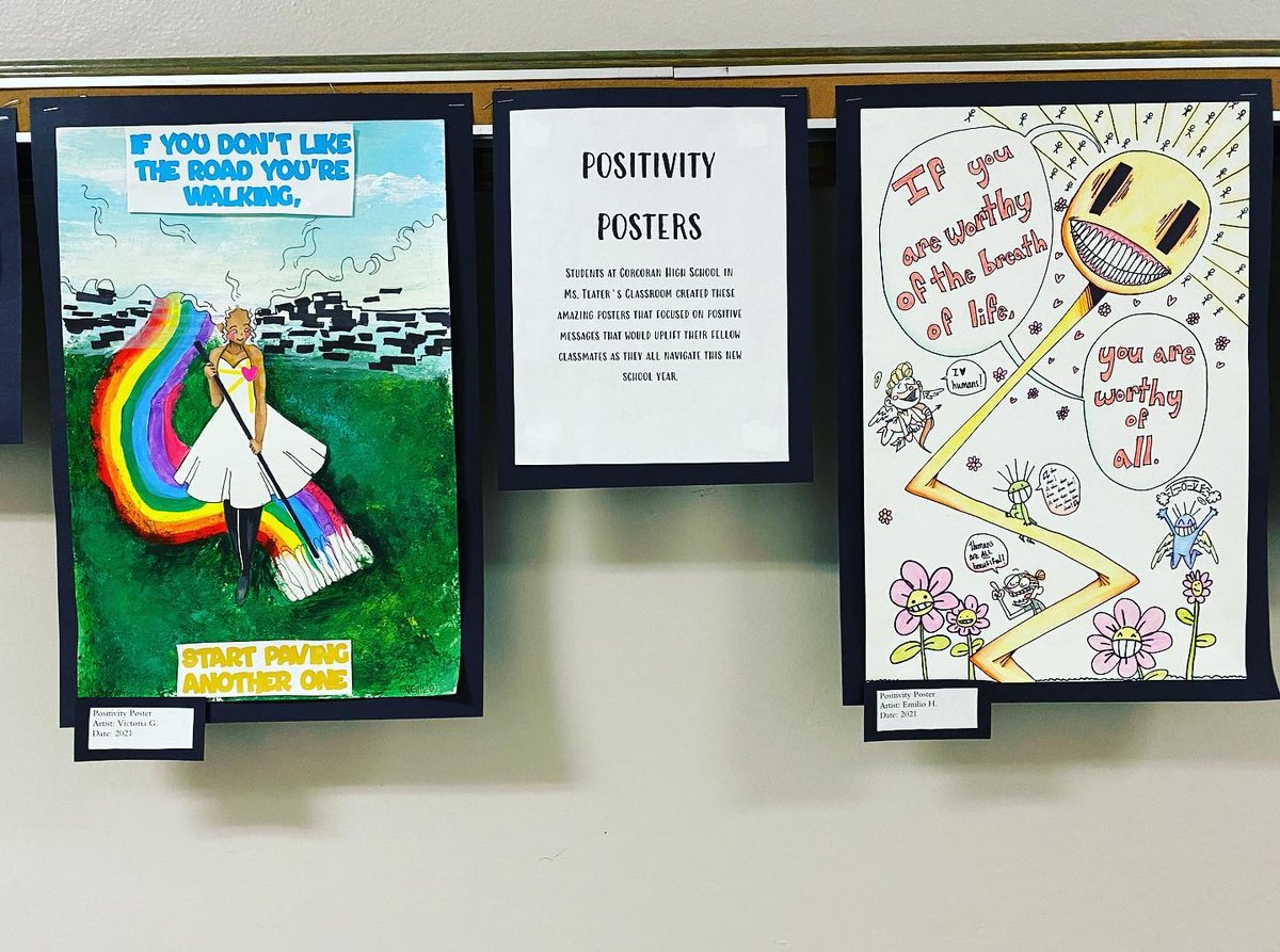 TeaterLisa's tweet photo. So happy to be back together with my students and showcasing some of their wonderful work at @syracuseschools District Office ✨❤️🖤🤍🐾 GO CTF
.
@CorcoranCougars @SCSDArts #ctf #syracusecityschools #highschoolart #collaborativeart #positivityposter #positivemessage https://t.co/zkaZQV8jn2